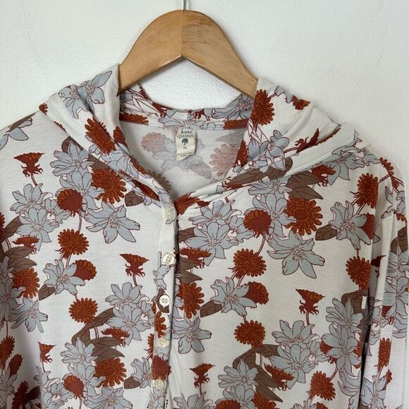 Kate Quinn Women’s Blue Rust Retro Floral Bamboo Blended 1/4 Button Hooded Top - Picture 3 of 8